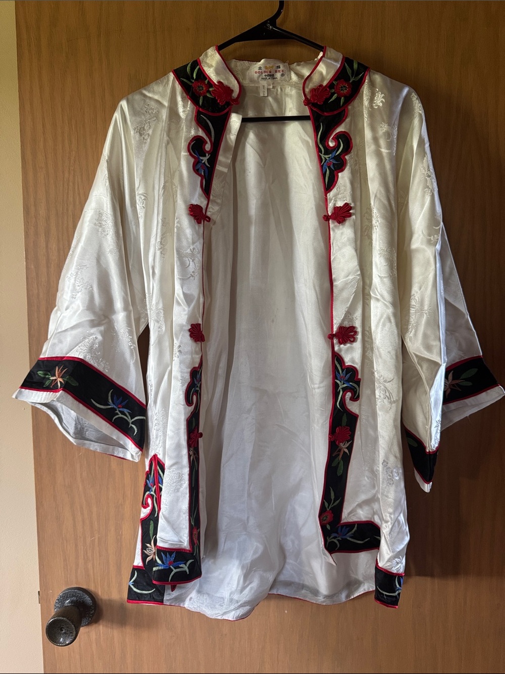 GOLDEN BEE • White Silk Embroidered Kimono Jacket with Black Trim